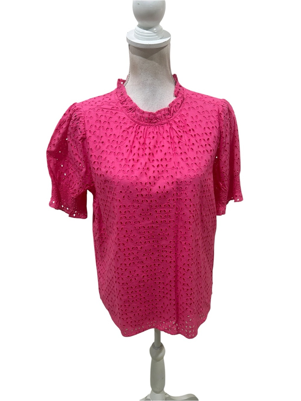 Nwt j Crew Hot Pink Eyelet lace ruffle Neck cotton short sleeve Blouse medium